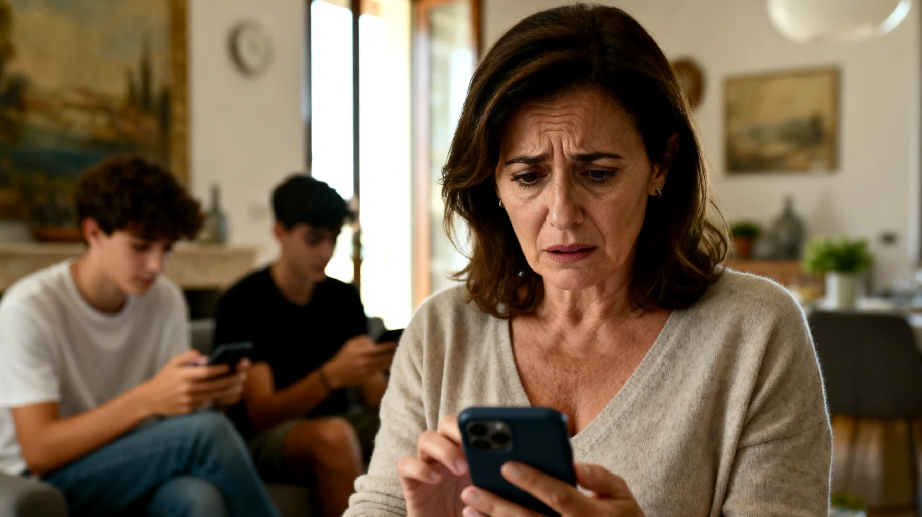 Una mamma fatica a gestire il rapporto con i suoi figli giovani adulti che utilizzano i social media in modo rischioso, condividendo contenuti troppo personali, esponendosi a situazioni potenzialmente pericolose online e non comprendendo le conseguenze a lungo termine sulla loro reputazione e sicurezza digitale"