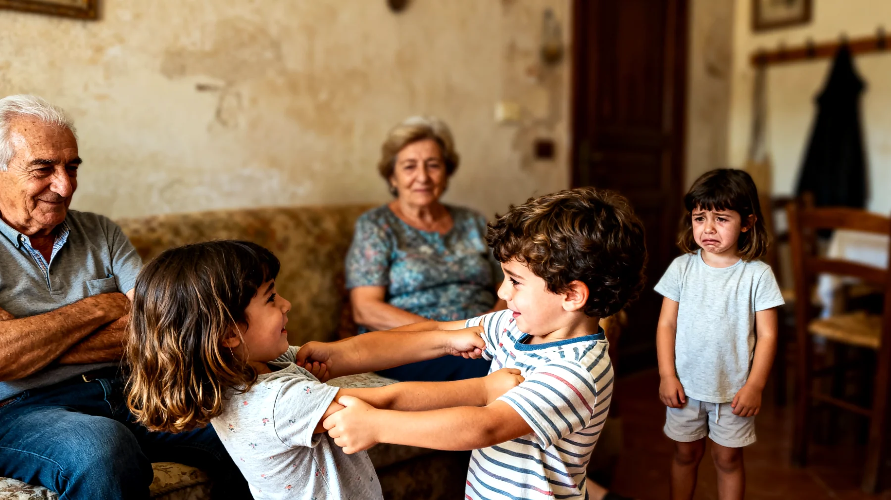 I nonni si trovano a gestire situazioni di gelosia e competizione tra nipoti bambini durante le visite familiari, con difficoltà nel mantenere l'armonia e nel far sentire ogni bambino ugualmente amato e considerato"