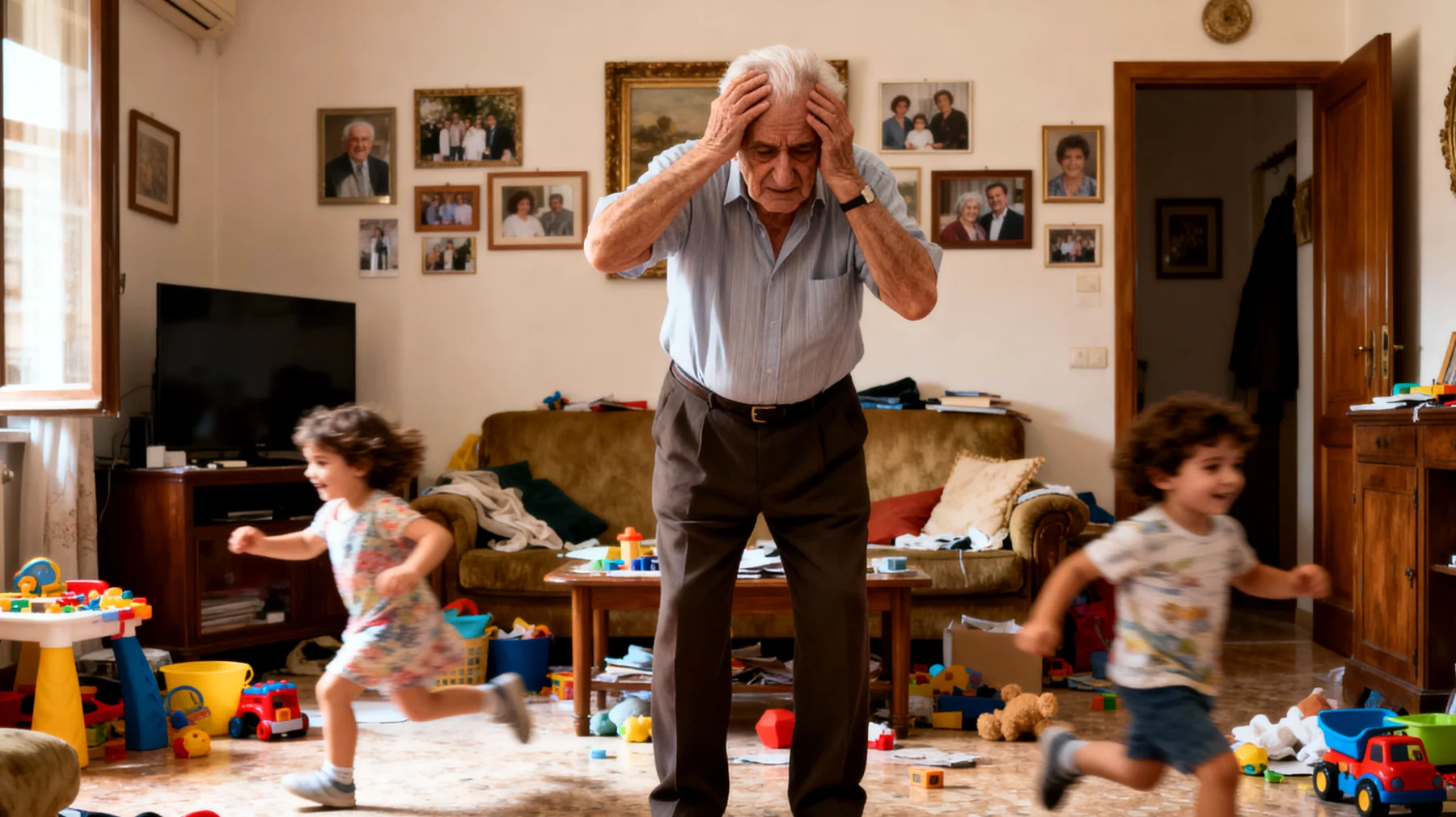 Il nonno si trova in difficoltà nel gestire i comportamenti impulsivi e oppositivi dei nipoti bambini durante il tempo trascorso insieme, sentendosi sopraffatto dalle loro reazioni aggressive e dalla mancanza di rispetto delle regole."